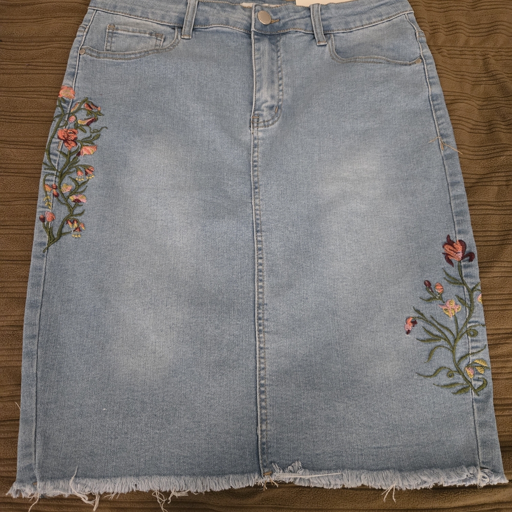 Embroidered Denim Midi Skirt